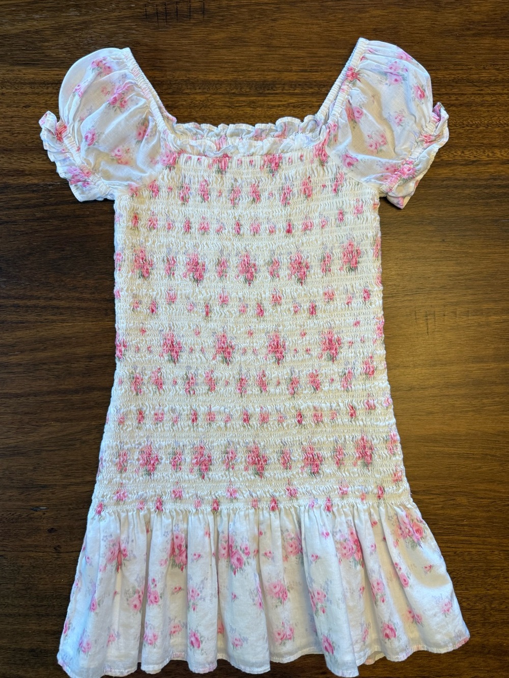 LoveShackFancy Floral Puff-Sleeve Sundress in White and Pink Size 8-9